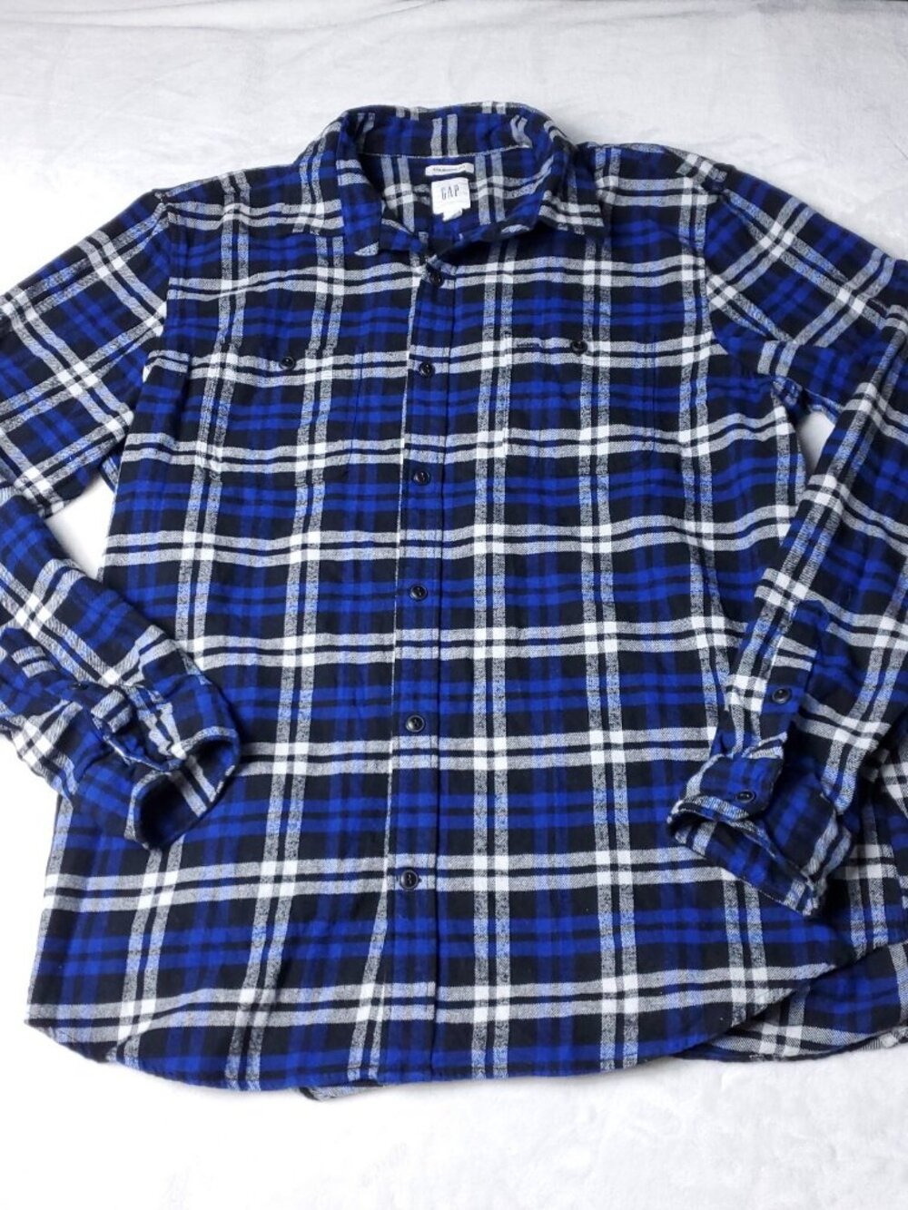 GAP Shirt Mens L Large Long Sleeve Blue Cotton Standard Fit Flannel Plaid Button